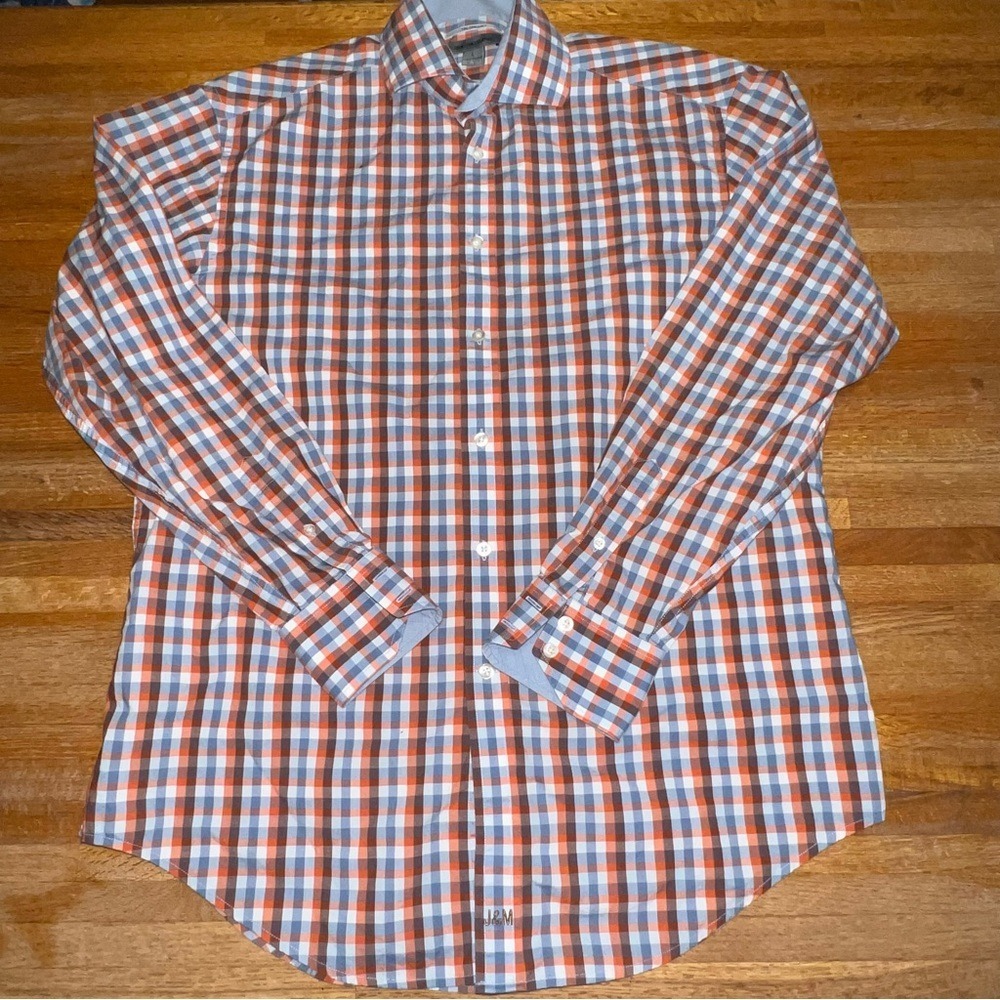 Johnston & Murphy Large Blue Orange Plaid Tailored Fit‎ Long Sleeve Button Down
